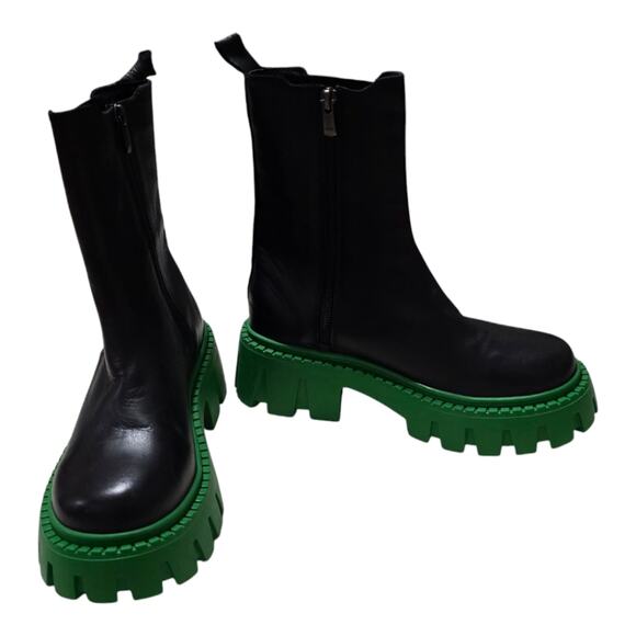 Steve Madden Charges Black Green Sole Leather Zip Up Chunky Boots‎ size 7 New - Picture 9 of 14